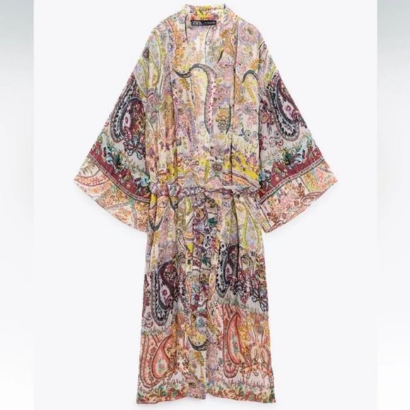 ZARA GRAPHIC PRINT TIED WAIST COAT KIMONO - Picture 2 of 8